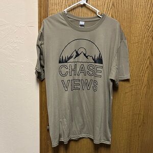 Gildan Olive Short Sleeve Tee with Black 'CHASE VIEWS' Mountain Graphic